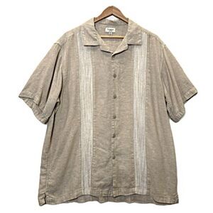 Haggar Mens Linen Blend Short Sleeve Button Down Camp Shirt Size XL Stripe Panel